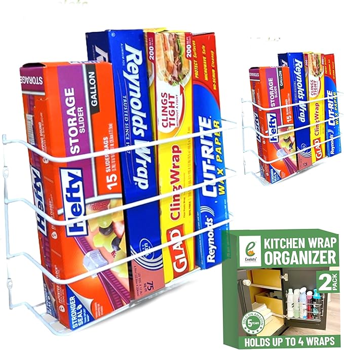 Evelots Kitchen Wrap & Food Bag Organizer Wall/Cabinet Mount, 2-Pack, White | Keep kitchen wraps and food bags organized with 2 baskets that mount on a wall or cabinet door to save valuable counter space by Evelots