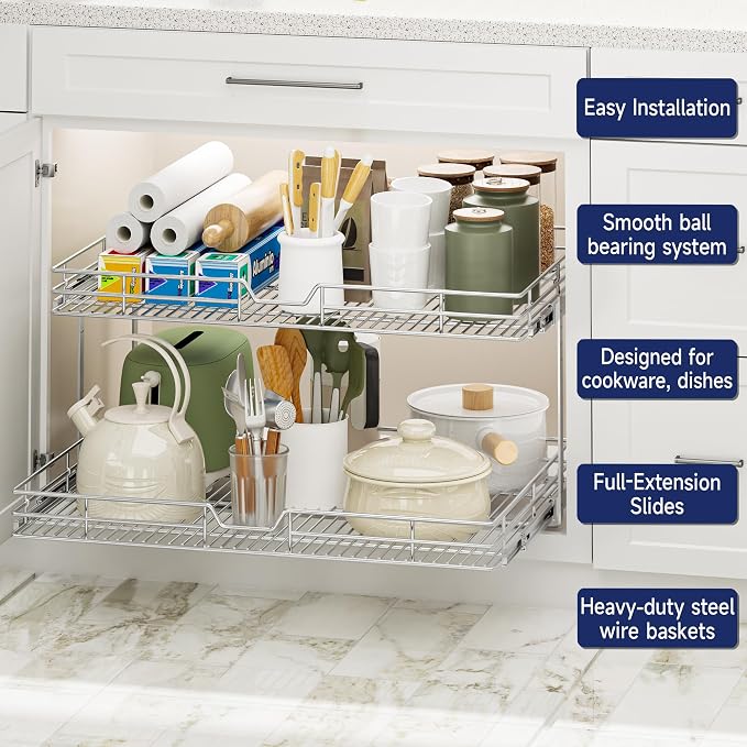 2-Tier Pull Out Cabinet Organizer, 27" W x 21.5" D, Heavy Duty Dual Slide Out Shelves for Wide Base Cabinets, Chrome Wire Basket Drawer for Pots, Pans, Pantry & Cleaning Supplies - Image 4
