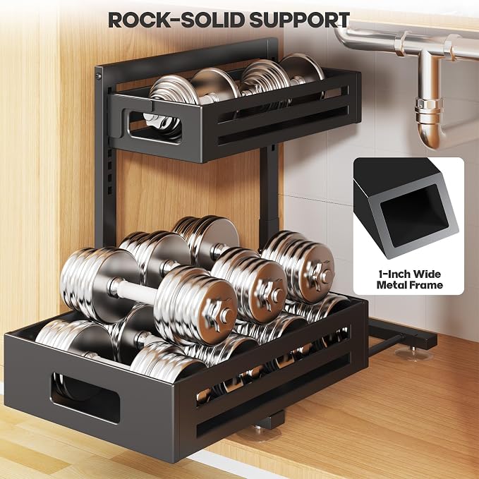 1 Pack Under Sink Organizer,Pull Out Cabinet Organizer with Smooth Cylindrical Rail,Metal Slide Out Drawer for Kitchen Bathroom Laundry Cabinet,8-Level Tool Free Height Adjustable-Black - Image 5