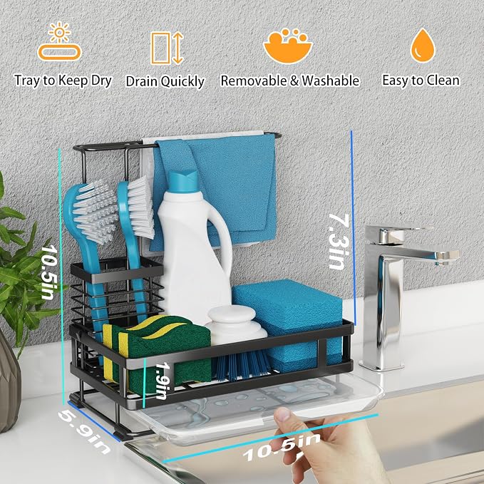 Kitchen Sink Organizer with Brush Rack - Sink Caddy with Drain-Pan | Stainless Steel Sponge Holder for Kitchen Sink with Towel Rack, Organizer for Dish Soap Dispenser, 10.5"L × 5.9"W × 10.5"H - Image 2
