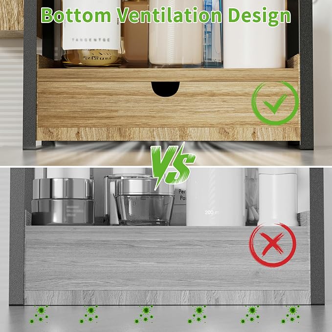 2-Tier Bathroom Counter Organizer, Wooden Vanity Shelf with Drawer & Basket | Pre-Drilled Holes, Skincare & Makeup Countertop Organizer and storage - Image 7