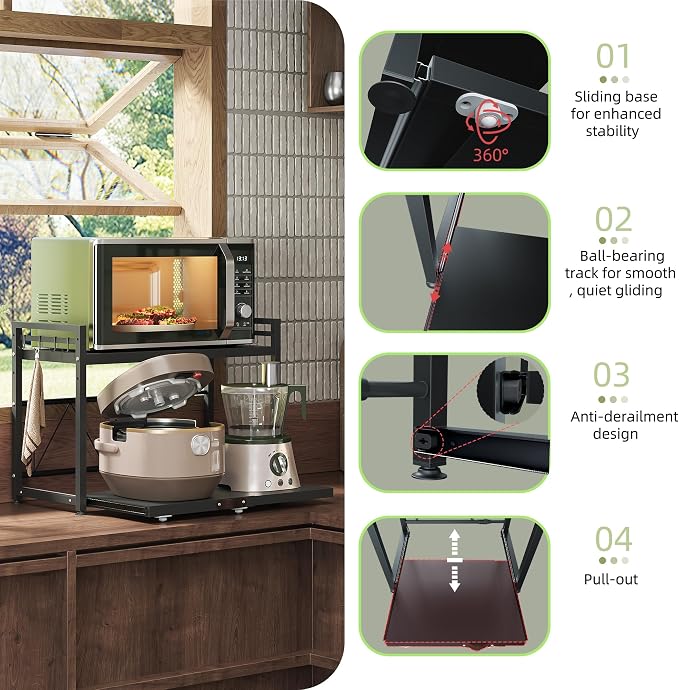 2 Tier Expandable Microwave Stand countertop,Microwave Oven Rack | Pull-Out Microwave Shelf, storage shelf for pans &appliances,Adjustable partition height，8 Hooks,55lbs max load,Black - Image 4