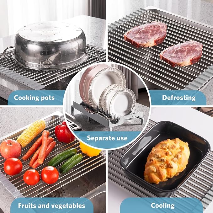Roll Up Dish Drying Rack,17.1”x13.1”,Build-in Plate Rack | 304 Stainless Steel,Space-Saving,Easy to Clean,Portability and Stability,Heat Resistant,Trivet for Kitchen Countertop - Image 4