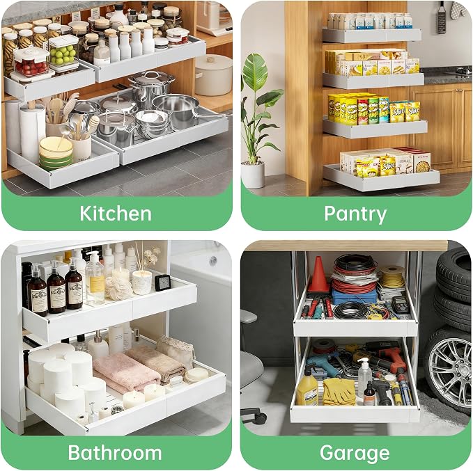 Pull out Cabinet Organizer, 2 pack, 16.5" Deep Heavy Slide out Drawers, Upgrade Three Triple-Slide Rail Systems, Expandable 12.8"-20.8" Roll out Shelf Storage for Kitchen Base Cabinet Organization - Image 9