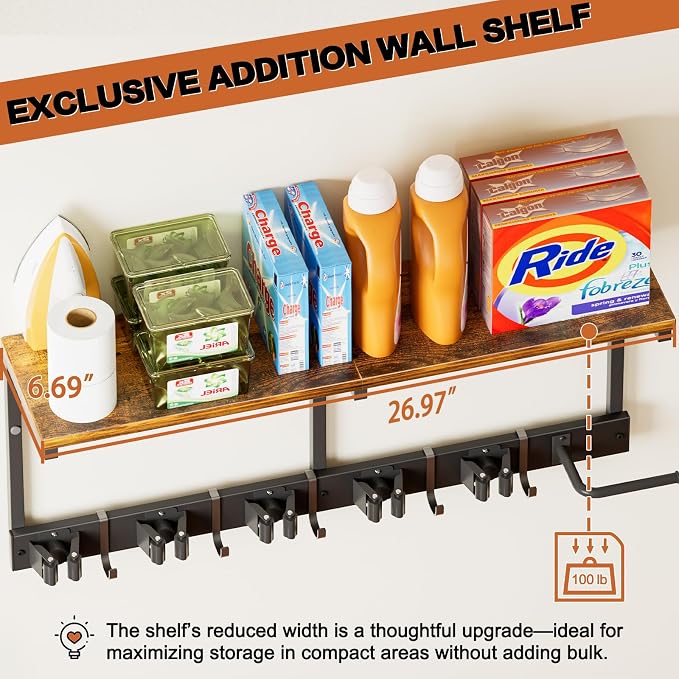 Broom Holder Wall Mount with Cleaning Supplies Organizer, Laundry Room Organization and Storage Shelves with Mop Hanger Rack Gripper Hooks, Utility Shelf Closet Organizer for Home Garage Kitchen - Image 3