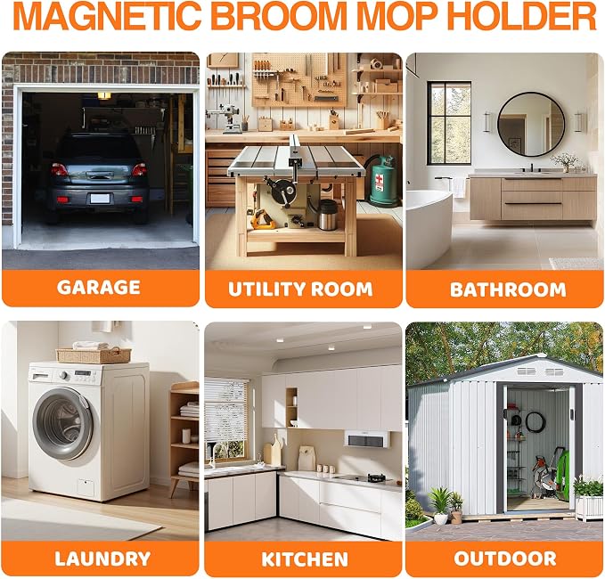 Magnetic Broom Holder Wall Mount with 4 Hooks and 5 Rack- Heavy Duty Non-Slip Mop Hanger for Wet Mops&Cleaning Tools on Refrigerator,Metal Door,Garage,Kitchen,Laundry Room - Image 8