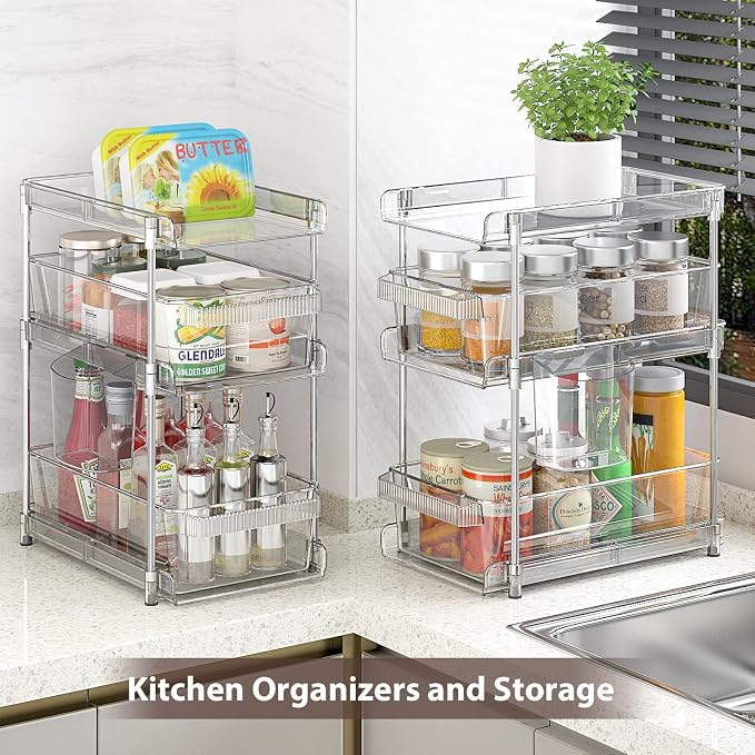 WAKISA 2Pcs Pull Out Organizer and Storage with Cups and Removable Dividers | Slide Out Drawer Storage Containers for Bathroom, Kitchen and Under-Sink Organization with 2 Cups and 6 Removable Dividers - Image 8
