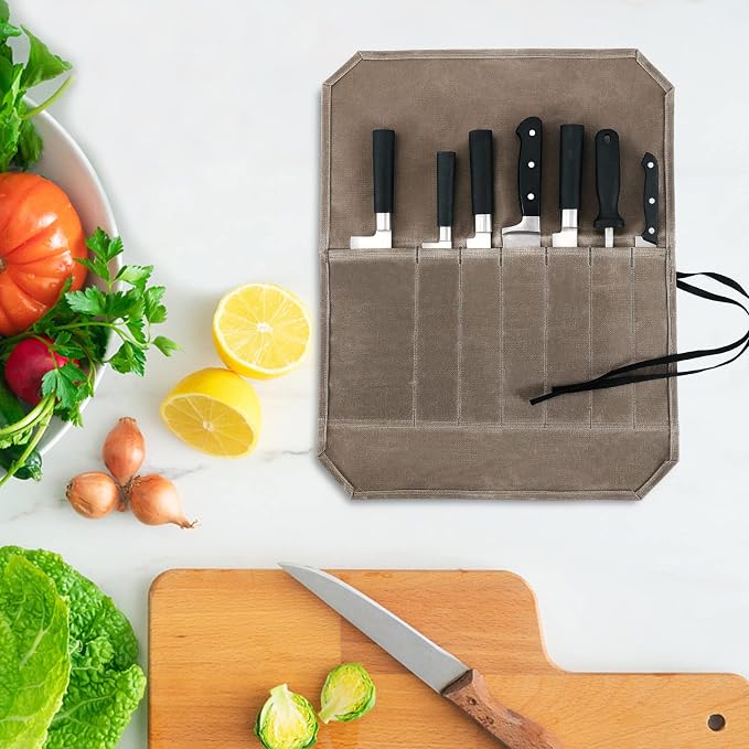 HERSENT Chef’s Knife Roll Case, Waxed Canvas Cutlery Knives Holders Protectors, Home Kitchen Cooking Tools And Utensils Wrap Bag Wallet, Multi-Purpose Brush Roll Bag, Travel Tool Roll Pouch - Image 7