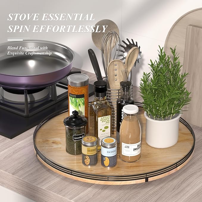 AMH 24-Inch Extra Large Farmhouse Oak Lazy Susan Organizer | Smooth rotating oak tray with walnut finish for dining tables, kitchen counters, pantries and cabinet storage. - Image 2