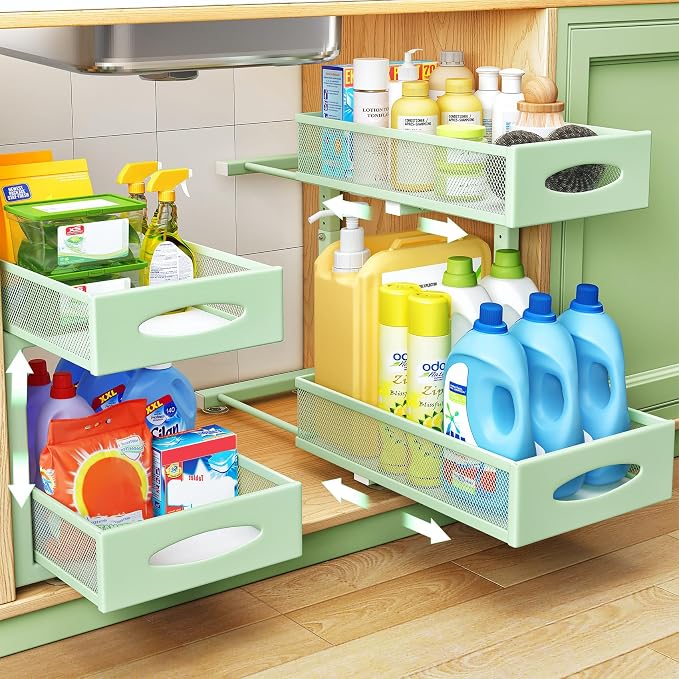 Under Sink Organizer, 2 Tier Pull out Cabinet Organizer Baskets with Mesh Sliding Drawers, Slide out Storage Shelf for Home, Kitchen, Bathroom, Pantry, Office Cabinet(1 Pack, Green) by Kitstorack