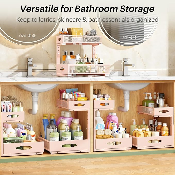Under Sink Organizer, 1-Pack Pull Out Cabinet Organizer 2 Tier Metal Slide Out Storage Shelf Rack, L-Shaped Adjustable Height,Mesh Sliding Drawer for Kitchen, Bathroom, Laundry, Pantry, Pink, XL - Image 8