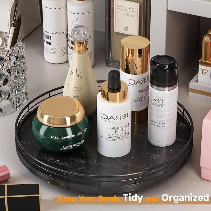 AMH 12-Inch Oak Lazy Susan Vanity Tray with Black Brush Gold Metal Rail | Smooth rotating oak tray with walnut finish for dining tables, kitchen counters, pantries and cabinet storage. - Image 2