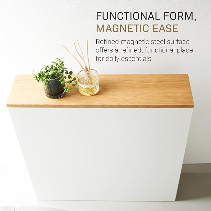 Yamazaki Home Pull-Out Bathroom Storage Cabinet with Wood Top, White | Slim space-saving bathroom storage cabinet with a natural wood top. Clever pull-out design. Holds 12 rolls of toilet paper. - Image 9