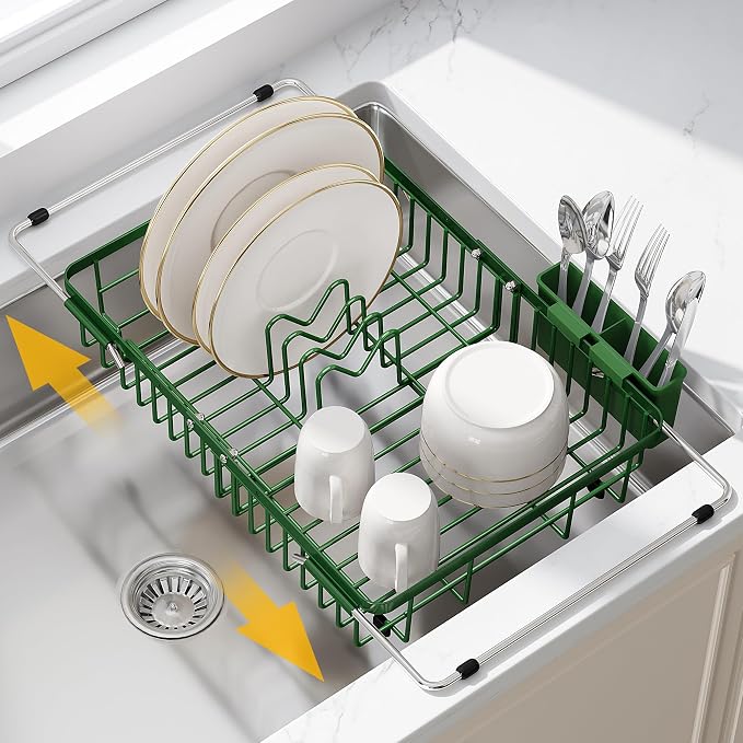 JASIWAY Green Dish Drying Rack Over the Sink with Utensil Holder | Expandable Stainless Steel Dish Driainers for Small Kitchen, Apartment, Counter Space Saving, Fast Drain, Rust Resistant by JASIWAY