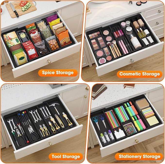 Large Expandable Silverware Drawer Organizer, Utensil Tray | Kitchen Drawer Organizer for Spoons/Forks/Knives, Multipurpose & BPA Free Cutlery Tray (1 Pack, Black) - Image 7