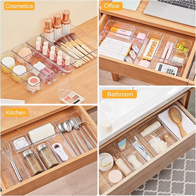 SMARTAKE 28 Piece Drawer Organizers with Non-Slip Silicone Pads, 4-Size | Clear Desk Bathroom Drawer Organizer Trays Storage Tray for Makeup, Jewelry, Utensils in Bedroom Dresser, Office and Kitchen - Image 6