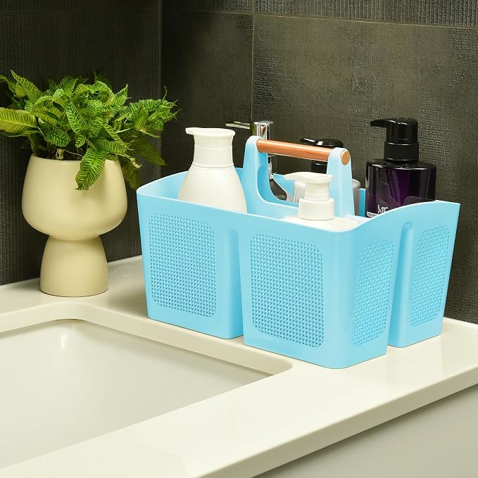 ALINK Portable Shower Caddy Basket with Compartments, Plastic Divided Cleaning Caddy Organizer Storage Tote with Handle for Bathroom, College, Dorm Room Essentials - Blue - Image 3
