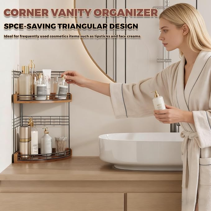 Bathroom Countertop Corner Organizer for Small Spaces, 2-Tier Counter Shelf | Oak Wood & Iron, Fan-Shaped Counter Shelf for Sink & Vanity Corners, Skincare, Toiletries, Compact Vertical Storage, Walnut - Image 5