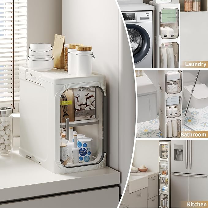 Narrow Slim Bathroom Storage Cabinet with Wheels, 4-Tier White | Tool Free Assembly, Adjustable Shelves, Fits for Narrow Spaces, Reinforced Stability, Magnetic Clear Door - Image 3