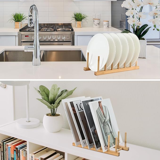 INNERNEED Bamboo Wooden Dish Rack, Vertical Plate & Lid Organizer | for Kitchen Cabinet or Countertop, Drying Stand for Dishes, Cutting Boards - Image 8