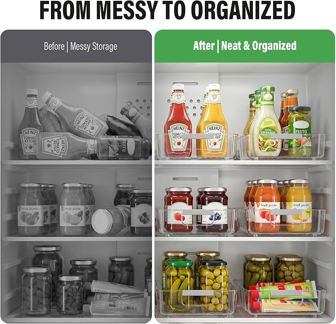 Pull Out Fridge Organizer Bins with Wheels, 8 Dividers, 2-Pack | Clear PET storage bins with handles, rear wheels and adjustable dividers for refrigerator, pantry and cabinet shelves - Image 6