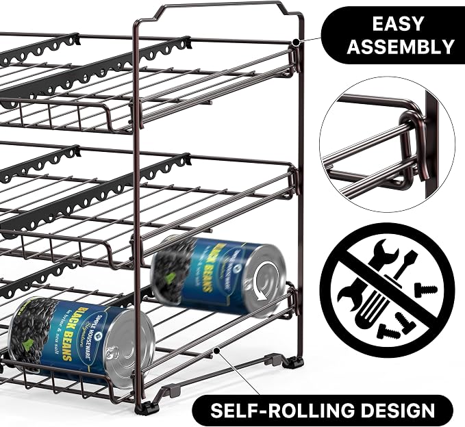 Simple Houseware 3-Tier Stackable Can Organizer Rack Hold 36 Cans, Bronze | Can Food Storage Dispenser for Pantry/Cabinet, Adjustable Dividers – 11.5" D x 17" W x 13.75" H - Image 5