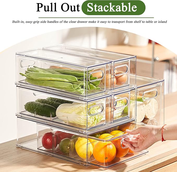 Refrigerator Organizers and Storage, 2 Pack BPA-Free Sturdy Stackable Clear Pull out Drawer Organizer Bins, Fridge Organizers and Storage for Fruit, Produce, Drink, Snack and Food Storage Containers - Image 3
