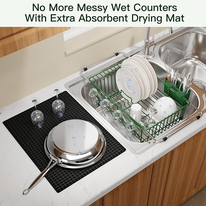 Grey Dish Drying Rack Over The Sink with Utensil Holder, Mat | Expandable Stainless Steel Dish Drainer for Small Kitchen, Apartment, RV, Counter Space Saving, Perfect Fit, Rustproof - Image 5