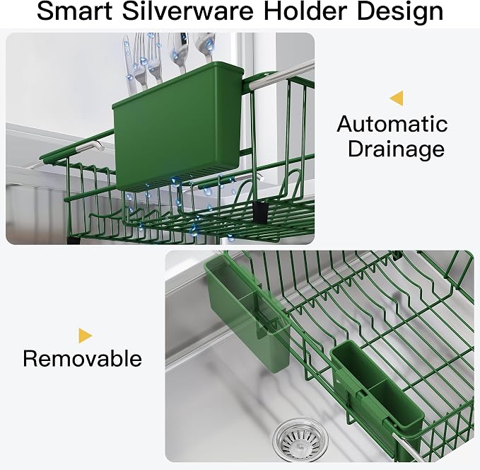 JASIWAY Green Dish Drying Rack in Sink, Dish Drainer with Utensil Holder | Over The Sink Expandable Stainless Steel Strainer Dryer Rack for Small Kitchen, Counter Space Saving, Fast Drain, Rustproof - Image 9