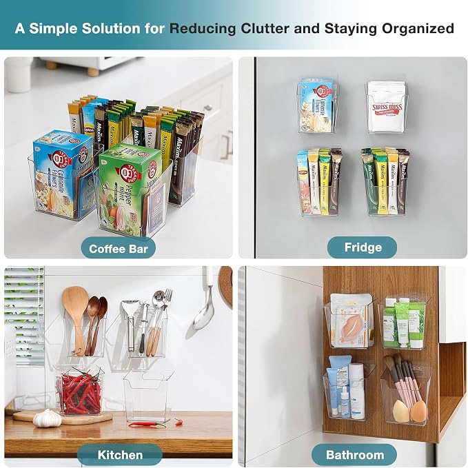 Clear Cabinet Door Organizer Bathroom, 4 Pack Hanging Makeup Storage Brush Holder, Adhesive Storage Bin Versatile Vertical Wall Mount Caddy for Pantry Office Kids' Room Small Items Organization - Image 6