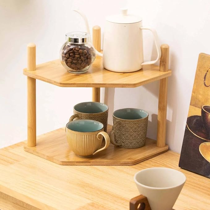 2-Tier Bamboo Corner Shelf,Kitchen Countertop Organizer,Corner Countertop Organizer Shelf, Coffee Bar Organizer,Coffee Bar Accessories,for Kitchen, Pantry, Organizers and Storage - Image 2