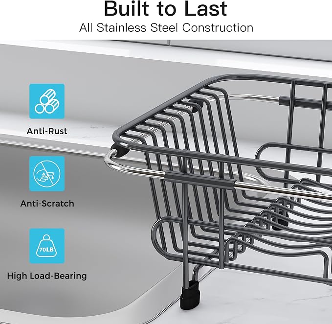 JASIWAY Gray Dish Drying Rack in Sink with Utensil Holder, RV, Apartment | Over Sink Expandable Stainless Steel Dish Drainers for Compact Kitchen, Space Saving, Fast Drain, Rustproof, For 1-2 people - Image 7