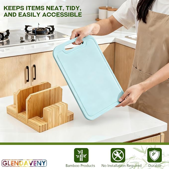Bamboo Pot Lid Holder, Cutting Board Organizer Holder, Dish Plate Pot Lids Organizer Rack for Cabinet and Countertop - Image 7