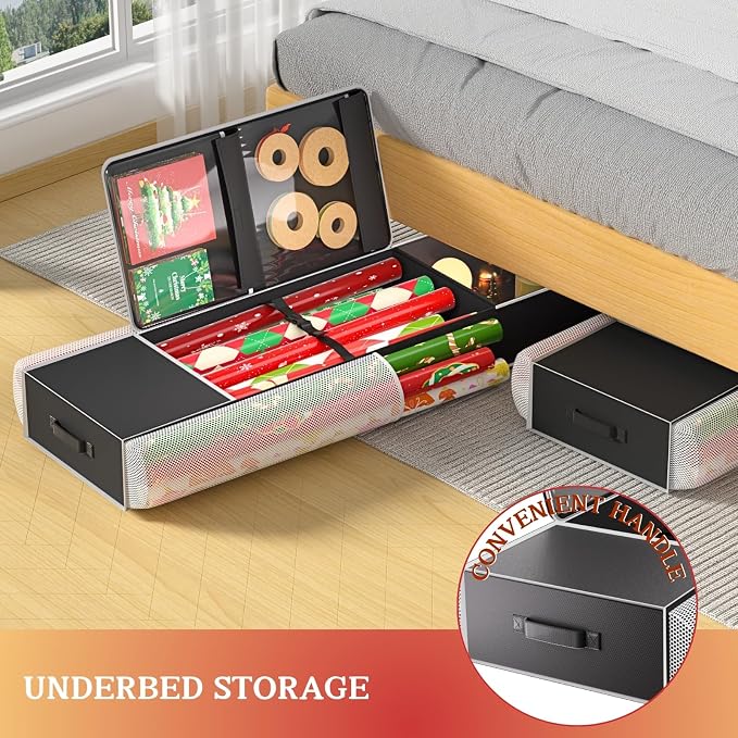 2-in-1 Wrapping Paper Organizer Storage, Over Door or Under Bed Organizer with Removable Drawer & 4 Clear Pockets Wrap Storage for Ribbons, Bows, Ornament and Other Tools - Image 4