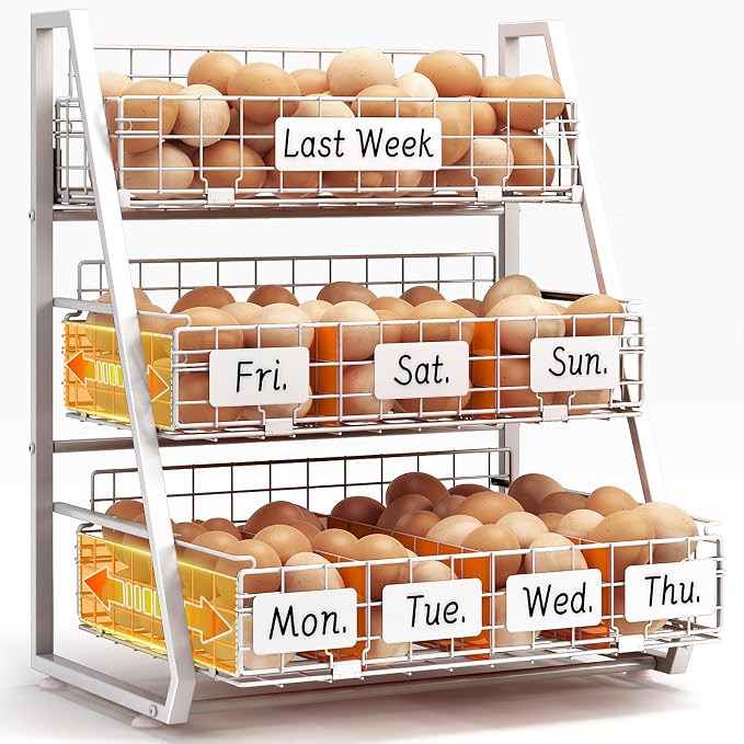 Egg Holder Countertop with 3 Pull-Out Tier Baskets, White | Sturdy Metal Frame, 5 Adjustable Dividers,7 Date Tags, Egg Basket for Gathering Fresh Eggs, Chicken Coop Accessories by Sevenblue