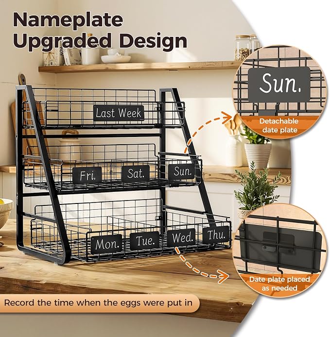 Egg Holder Countertop with 3 Pull-Out Tier Baskets, Black | Sturdy Metal Frame, 5 Adjustable Dividers,7 Date Tags, Egg Basket for Gathering Fresh Eggs, Chicken Coop Accessories - Image 3