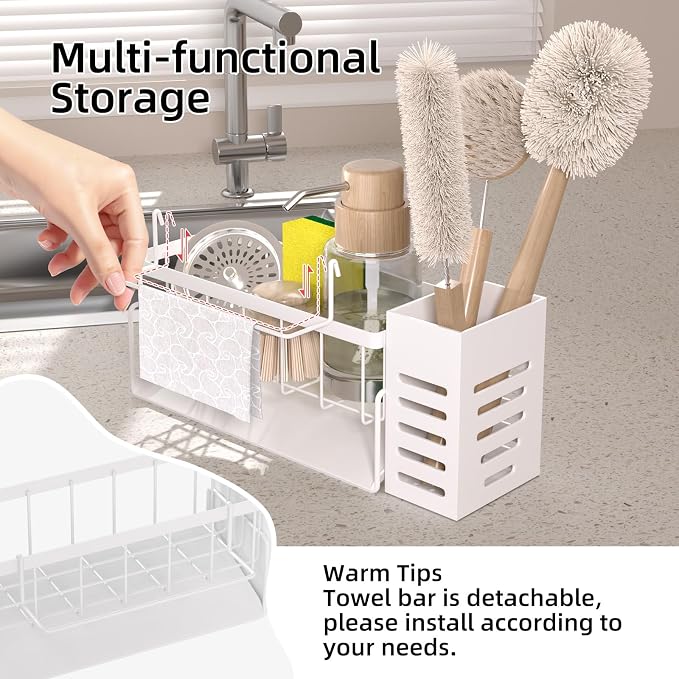 304 Stainless Steel Over Sink Caddy Sponge Soap Organizer White | Auto sloped drainage with removable tray, 3 divided spaces for sponge & soap, rustproof steel, no installation needed - Image 4