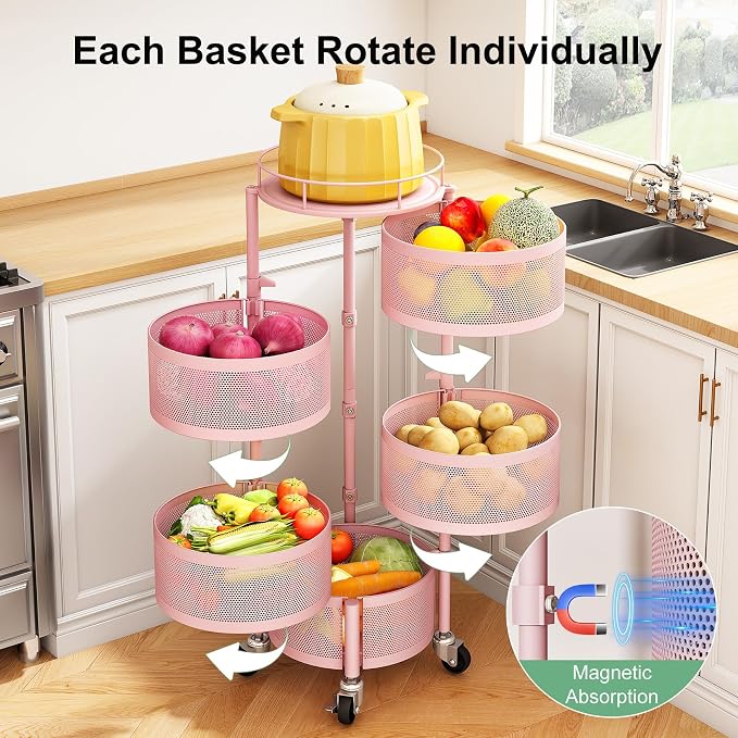 SAYZH 5 Tier Fruit Vegetable Basket Stand for Kitchen, Rotating, Pink | Rolling Storage Cart with top lid, Large Metal Wire Rack for Potato and Onion Storage - Image 3