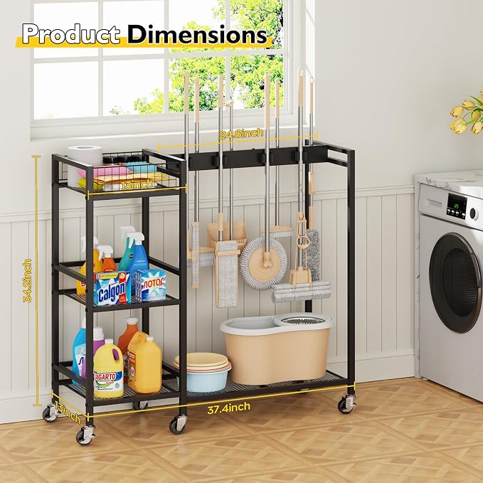 Broom Holder with Cleaning Supplies Organizer, Movable Broom Closet Storage Cabinet with Cleaning Caddy, Cleaning Cart with Mop Rack, Janitorial Housekeeping Cart on Wheels, Laundry Room Organization - Image 2