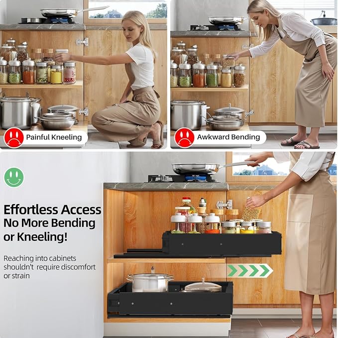2 Pack Expandable Pull Out Cabinet Organizer, Width (12"-19" ) & Depth (16.5"-22")No Drill Adjustable Cabinet Pull Out Shelves for Kitchen,Pantry, Adhesive Roll Out Shelves for Kitchen Cabinets-Black - Image 7