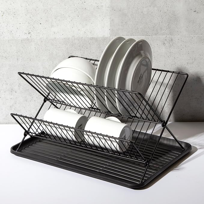 BINO 2-Tier Collapsible Dish Rack with Tray - Matte Black | Dish Drainer Kitchen Plate | Holders for Cups & Plates | Foldable Rack for Kitchen Countertop | Storage and Organization - Image 4