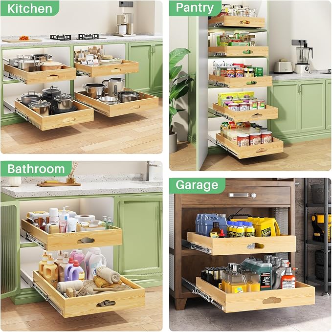 2Pack Pull Out Cabinet Organizer, Soft Close Wooden Slide Out Drawers for Pots, Full-extension Roll Out Shelves for Kitchen Cabinets, Pantry Organization, Bottom and Side Mount(15"W X 21"D x 3.4''H) - Image 9