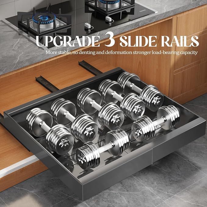 Seinloes 4 Pack Expandable Pull Out Cabinet Organizer 21"Deep With Raising Pad for Framed Cabinets,Upgrade 3 Slide Rails Slide Out Drawers,No Drill Roll Out Shelves,Adjustable Width 15.1"-26.3" Black - Image 5