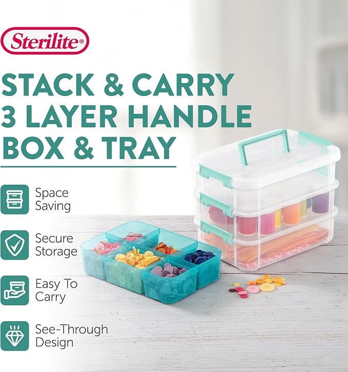 Sterilite 24 Pack Plastic Storage Box Container, 3 Layer, Stack and Carry, Clear/Blue - Image 3