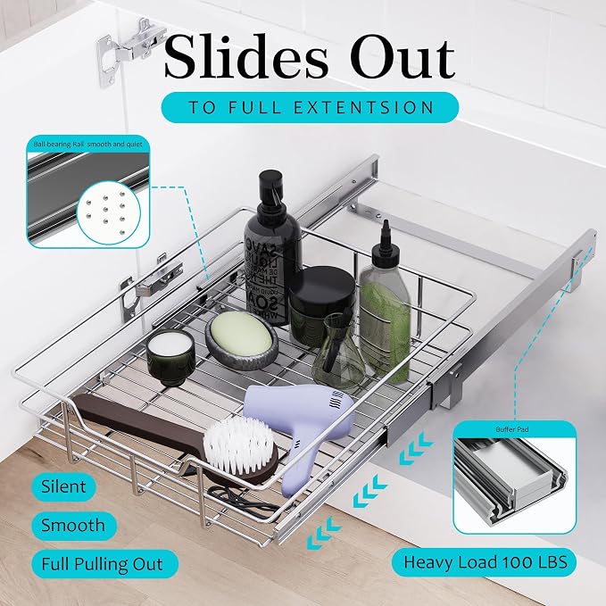 Pull Out Cabinet Organizer 18" W X 22" D, Chromed, Full Slide Out Drawers | For Kitchen Organizers and Storage, Pull Out Drawers For Cabinets Capacity Heavy Duty Caddy, Cabinet Shelves, Bathroom Pantry - Image 3