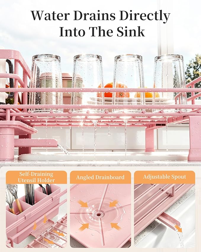 SAYZH Expandable Dish Drying Rack for Kitchen Counter, Metal, Pink | Foldable Over Sink, Large Capacity, Rust-Resistant, Adjustable for Most Sinks, Automatic Drainage, Removable Utensil Holder - Image 5