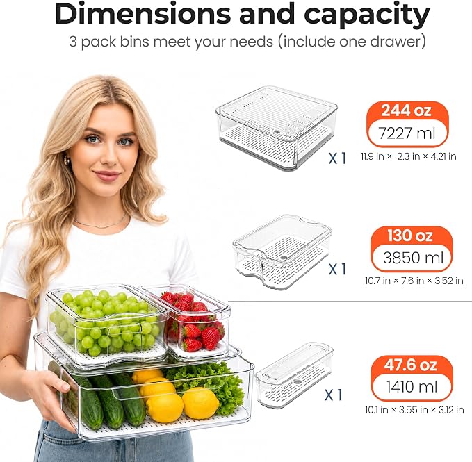 SMRCAD Clear Fridge Bins with Drain Trays - BPA-Free PET, Stackable(3 Pack) | 3 Pack: 1 Drawer + 2 lidded Bins, Helps Keep Produce Fresh, 12.5L Capacity, Hand Wash Only - Image 6