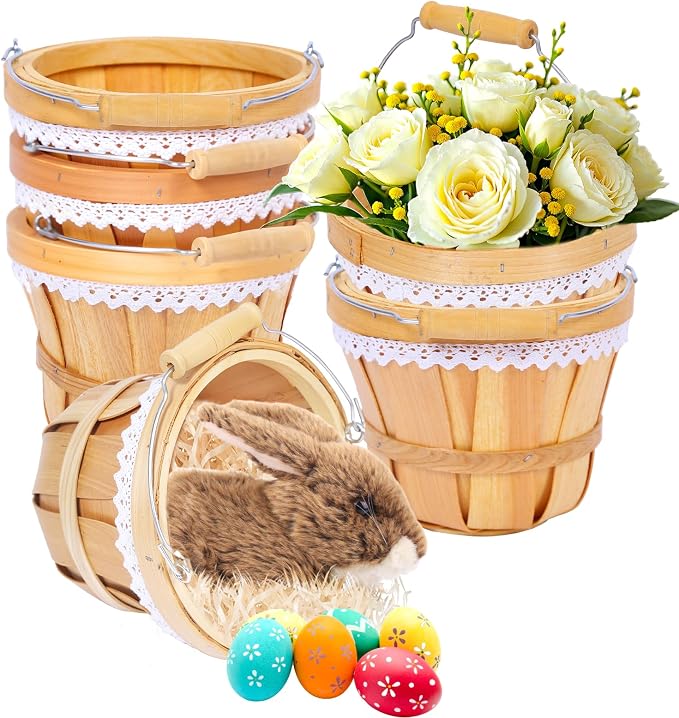 Wooden Baskets 7" x 6", 6 Pack Natural Apple Harvest Baskets | Round Handled Baskets Hold Produce, Flowers, Easter Eggs Or Favors for Farms, Markets, Weddings, Parties and Decor by YPshuye