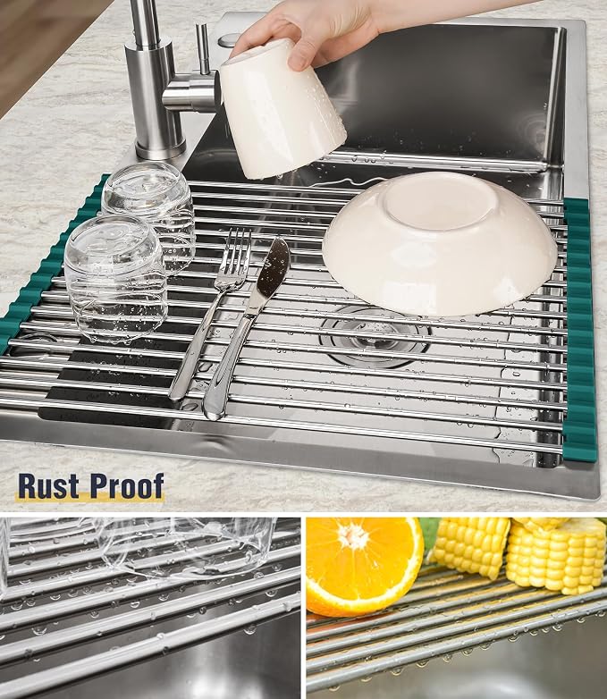 Tomorotec Roll Up Dish Drying Rack Over Sink,304 Steel,17.7x12.5,DarkGreen | Anti-Slip Silicone Rims For Grip, Heat-Resistant Trivet Mat Holding Heavy Cookware, Rustproof Kitchen Counter Space Saver - Image 2