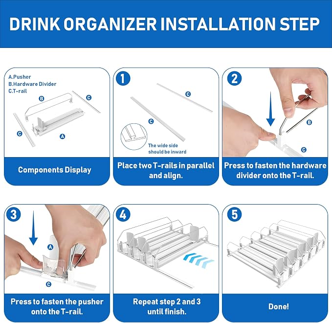 Drink Organizer for Fridge, Soda Can Organizer Dispenser for Refrigerator with Automatic Pusher Glide, Width Adjustable Clear Dividers Can Holder for 25 Cans, 15''D x16.6''W, 5 Rows - Image 6